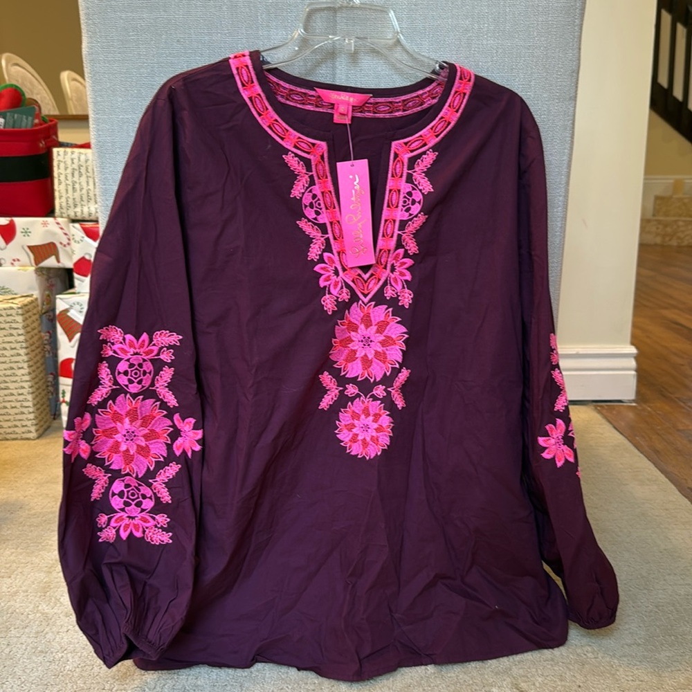 Lilly Pulitzer Coretta Tunic Cherry Ganache Pink Maroon Embroidered Floral NWT